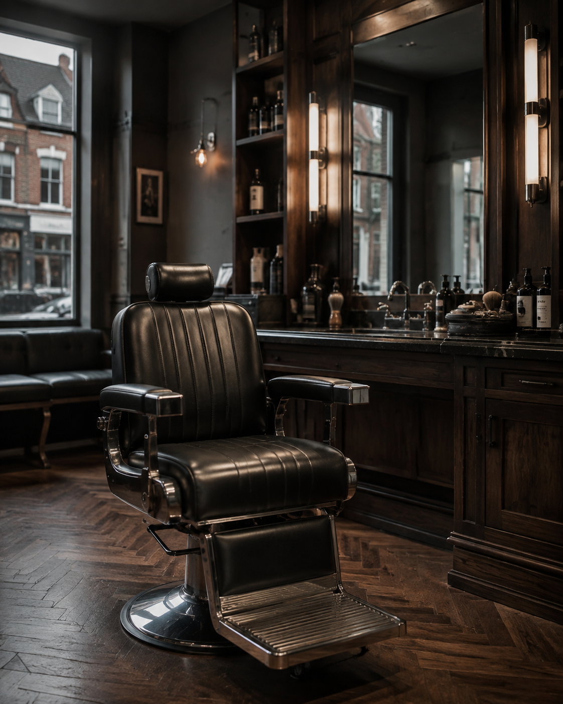 Dark walnut and black leather barber shop interior concept